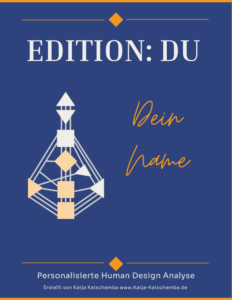 blue book cover edition du title with orange diamond motif geometric whitepeach diagram left orange script dein name and subtitle personalisierte human design analyse