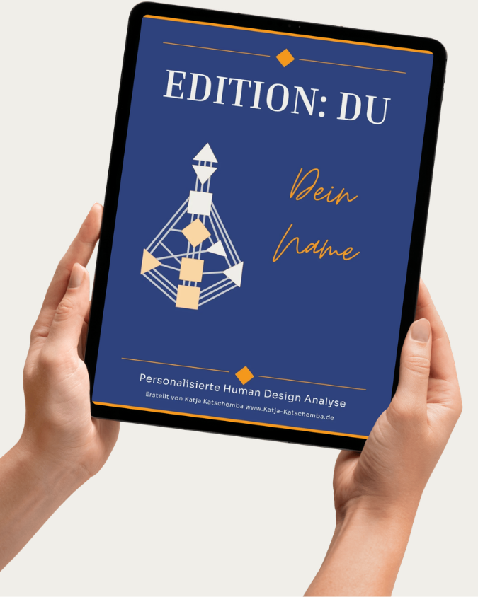 Book cover titled 'Edition: Du – Dein Name' on a dark background with an orange diamond motif and a geometric Human Design chart.