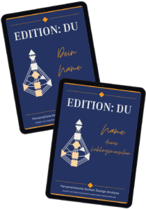 Edition DuDoppelTablett Katja Katschemba two tilted tablets showing a blue cover reading edition du with orange handwriting dein name and a geometric white structure bottom text personalisierte human design analysea personalized design product display