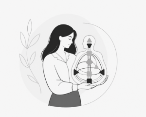 A woman in profile gently holds a circular, layered diagram with geometric shapes, suggesting energy or chakras and balance.