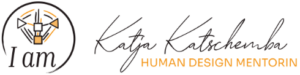 logo for a human design mentor circular emblem with i am and a geometric figure followed by handwritten name and orange subtitle human design mentoring